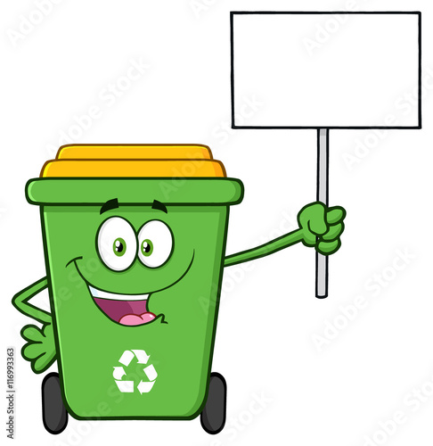 Happy Green Recycle Bin Cartoon Mascot Character Holding Up A Blank Sign
