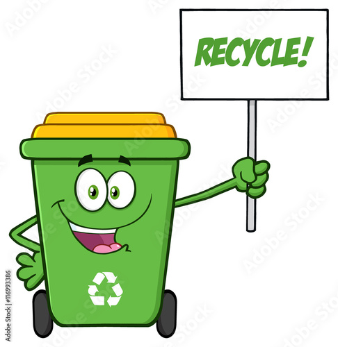Happy Green Recycle Bin Cartoon Mascot Character Holding Up A Recycle Sign