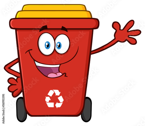 Happy Red Recycle Bin Cartoon Mascot Character Waving For Greeting