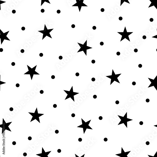 Star and polka dots seamless pattern. Black and white retro print background. Chaotic elements Abstract texture. Effect of sky. Design template wallpaper  wrapping  fabric  textile Vector Illustration