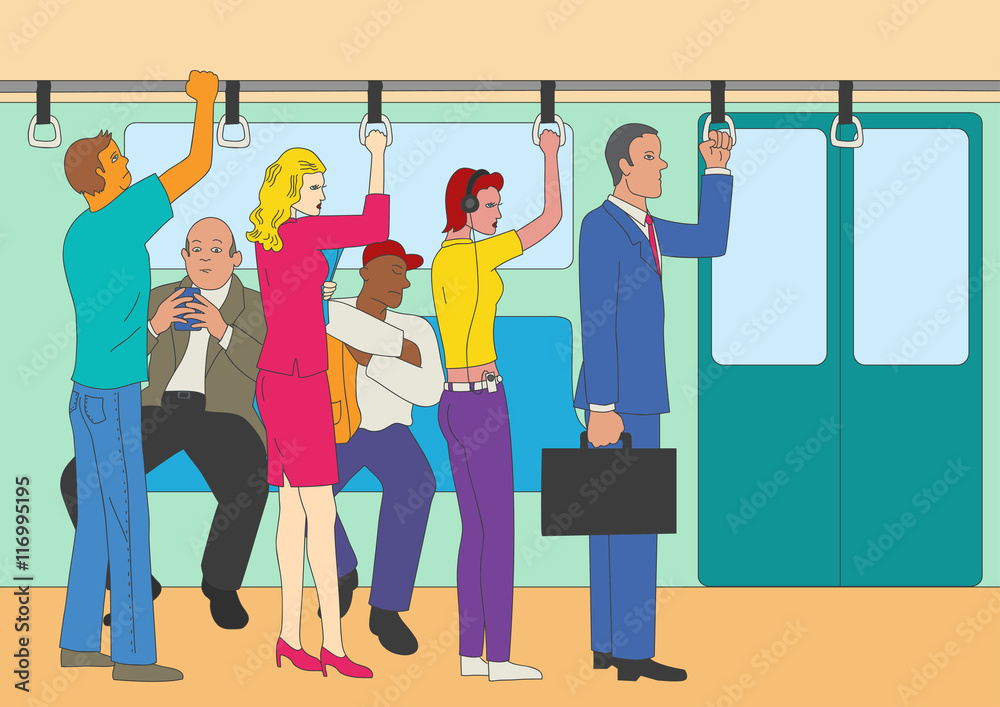 Fototapeta premium People standing and sitting in the train