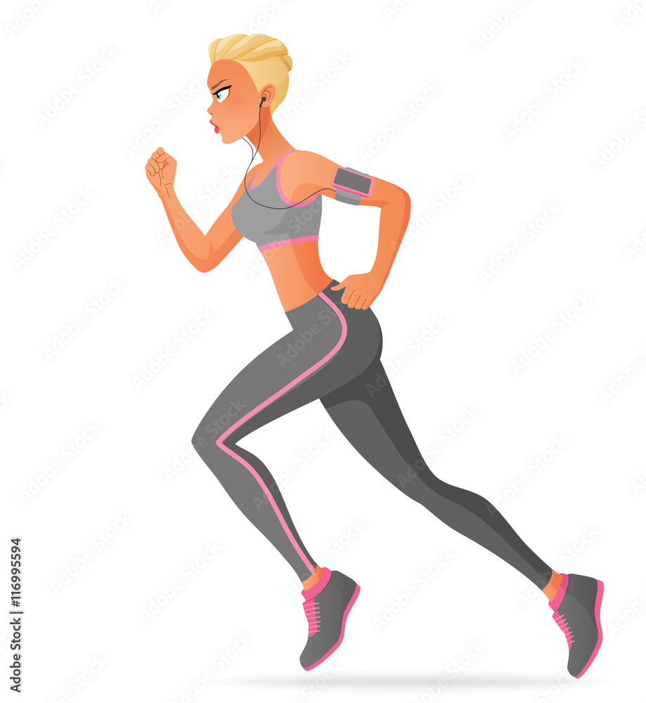 Young attractive woman running with headphones. Cartoon vector illustration isolated on white background. Young attractive woman running with headphones. Cartoon vector illustration isolated on white background.
