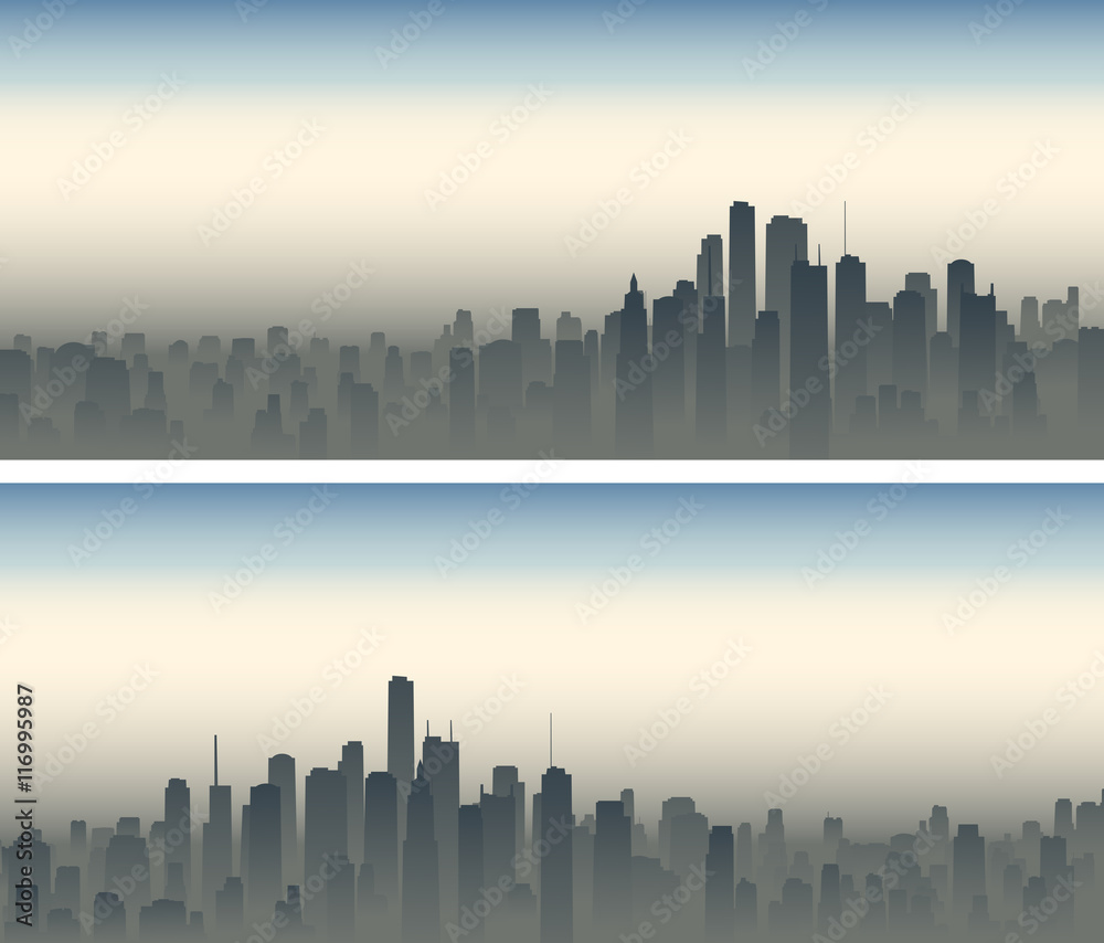 Horizontal wide banners of big city in haze.