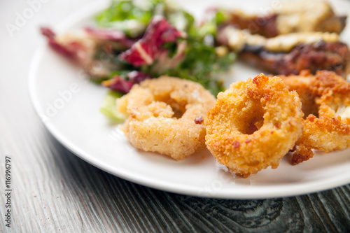 Crunchy fried Onion Rings with salad and roast chicken