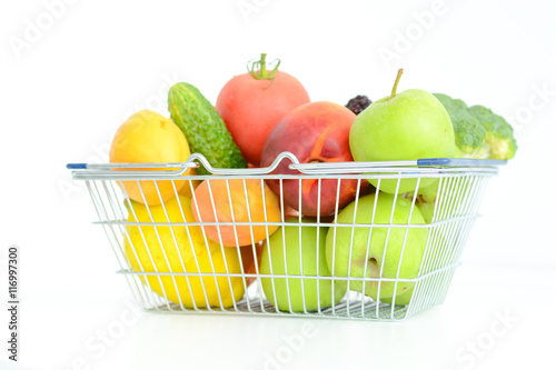 fruit and vegetables basket isolated on white background