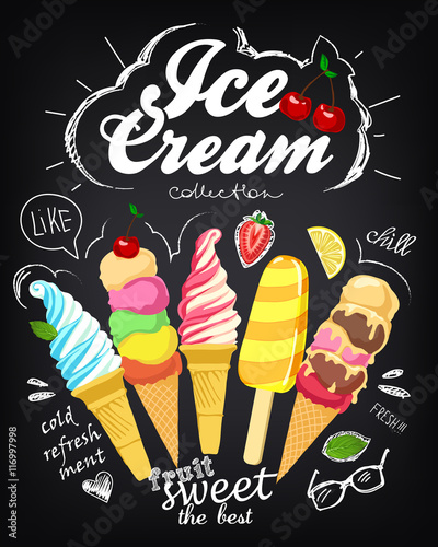 Ice cream collection. Different delicious ice cream. Fun summer illustration