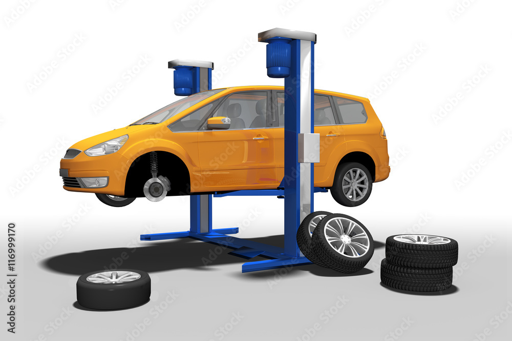 Auto, Pkw in Werkstatt auf Hebebühne zum Reifenwechsel, freigestellt  Stock-Illustration