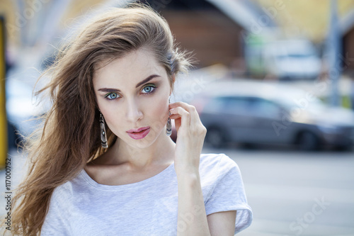 Portrait close up of young beautiful brunette woman