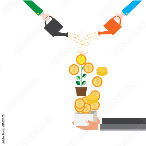 hand watering money plants, concept for making money, investment, getting profit, financial managemen