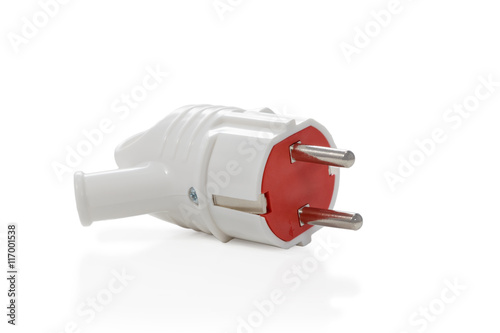 White-red electrical plug with grounding isolated on a white background