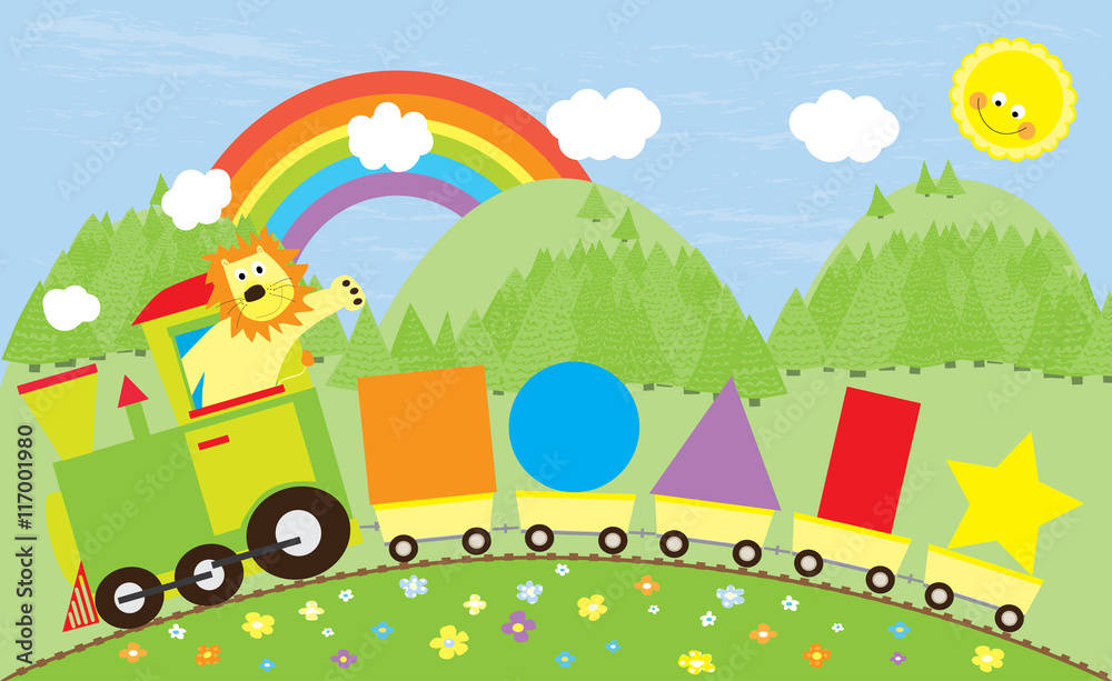 basic shapes train- nice educational illustration with train, lion, shapes, blue sky with rainbow and smiling sun basic shapes train- nice educational illustration with train, lion, shapes, blue sky with rainbow and smiling sun