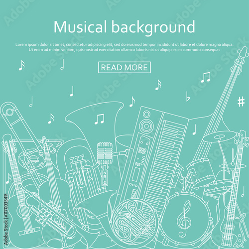 Musical background made of different musical instruments, treble clef and notes. Blue and white colors. Vector illustration.
