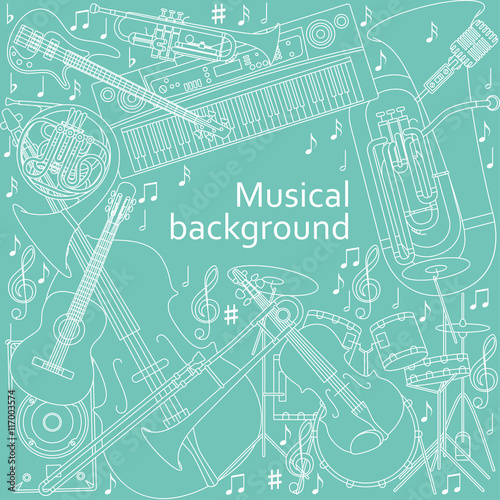 Musical background made of different musical instruments, treble clef and notes. Blue and white colors. Vector illustration.