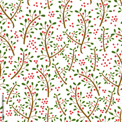 Seamless pattern of hand-drawn or painted branches with leaves and berries. Vector graphics.