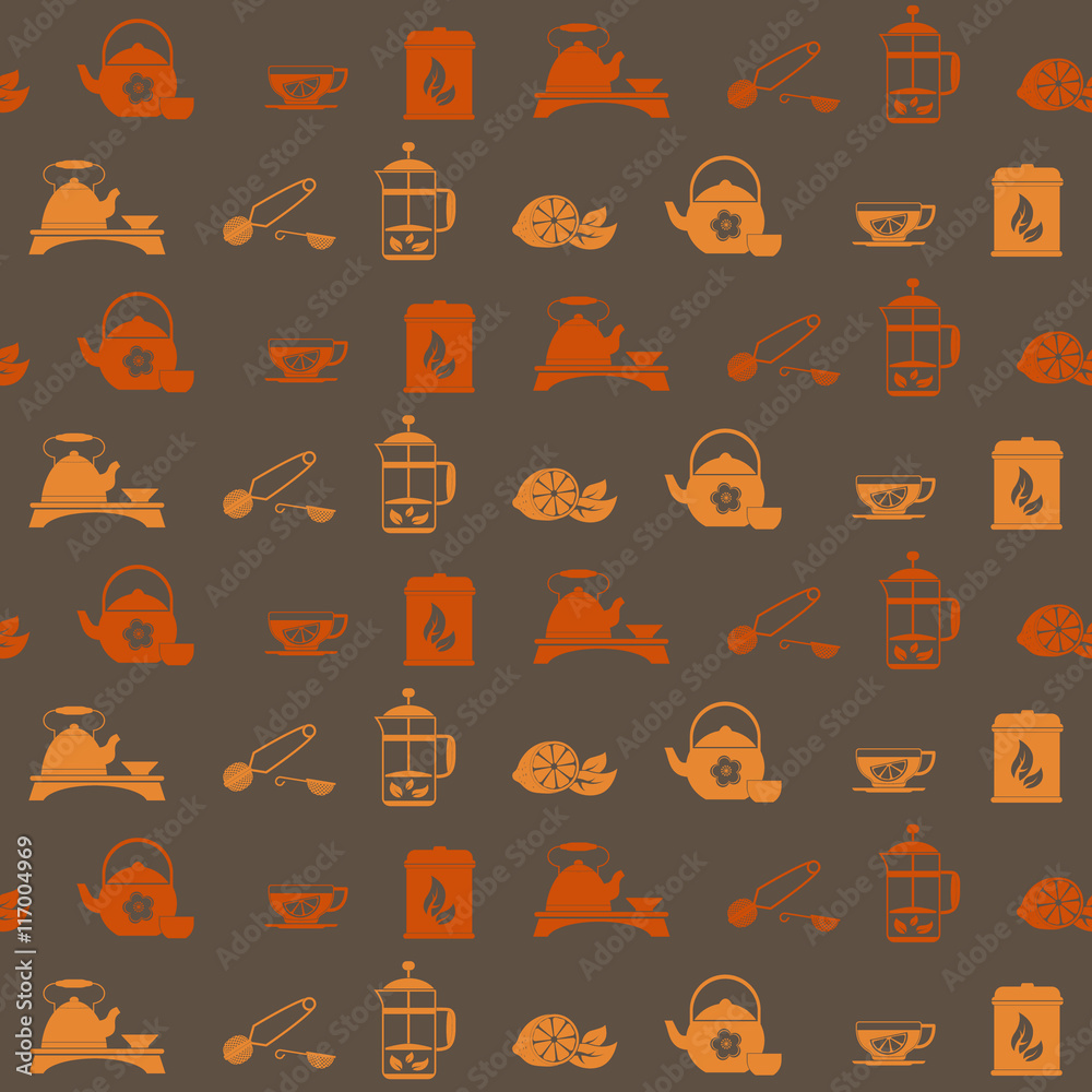 Seamless pattern with tea ceremony and accessories icons for your design Seamless pattern with tea ceremony and accessories icons for your design