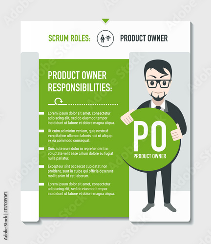 Scrum roles - Product owner responsibilities template in scrum development process on light grey background