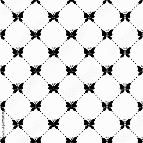 Butterfly monochrome pattern, Seamless black-and-white vector illustration with silhouettes of butterflies, Monochrome repeating print