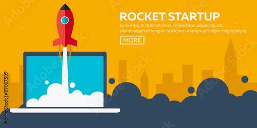 Rocket startup. Business. Rocket ship in a flat style.Vector illustration. Space travel to the moon.Space rocket launch. Project start up and development process.Innovation product,creative idea.