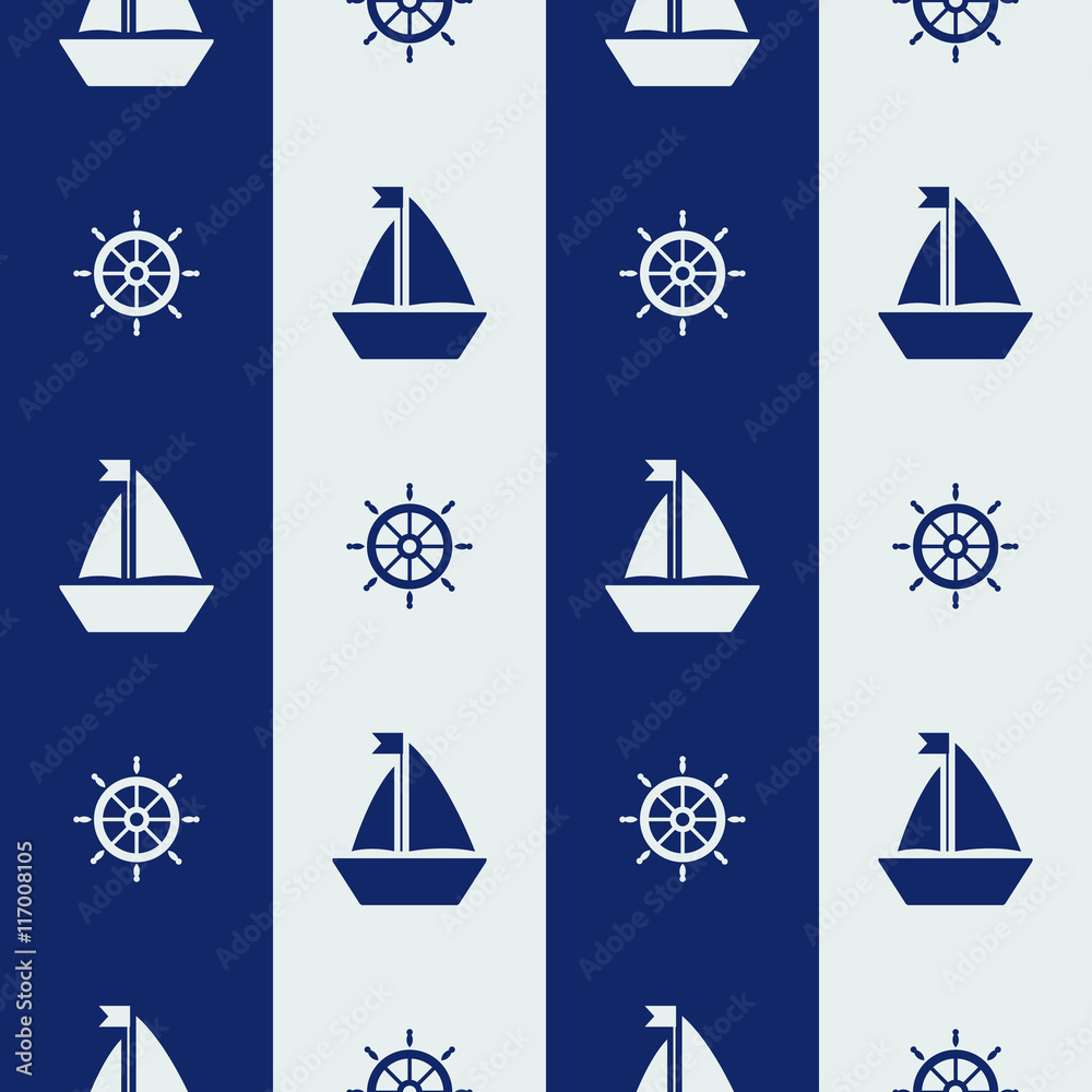 Maritime mood pattern, Seamless pattern with sailor stripes and silhouettes of sailing ships and steering wheels Maritime mood pattern, Seamless pattern with sailor stripes and silhouettes of sailing ships and steering wheels