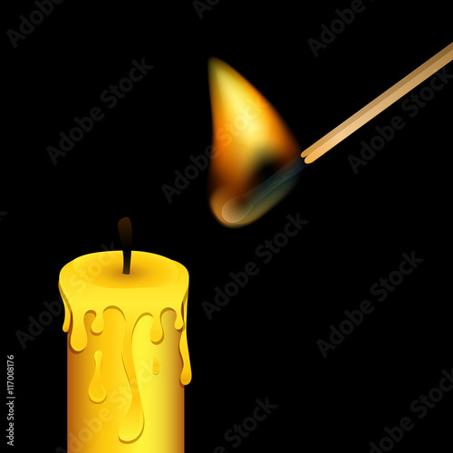 Burning match and candle on black background