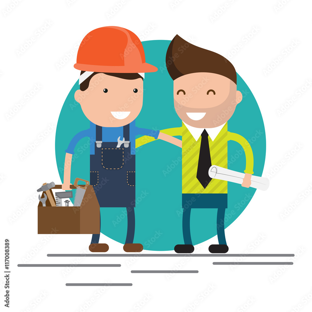 Cool flat design vector characters on building worker with hard hat helmet, and tool box and civil engineer specialist holding plan