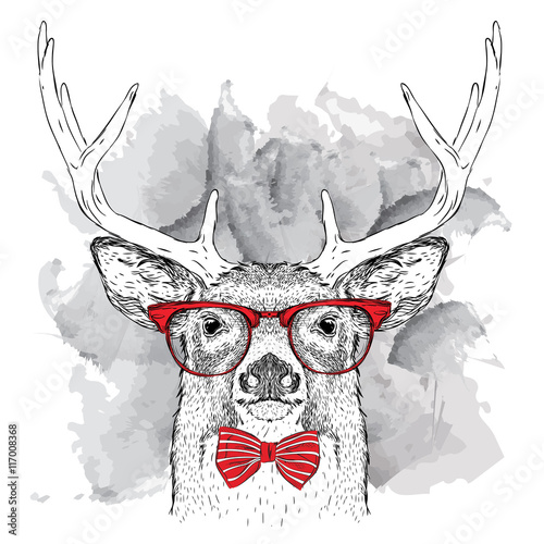 Portrait of deer with glasses and cravat. Vector illustration.