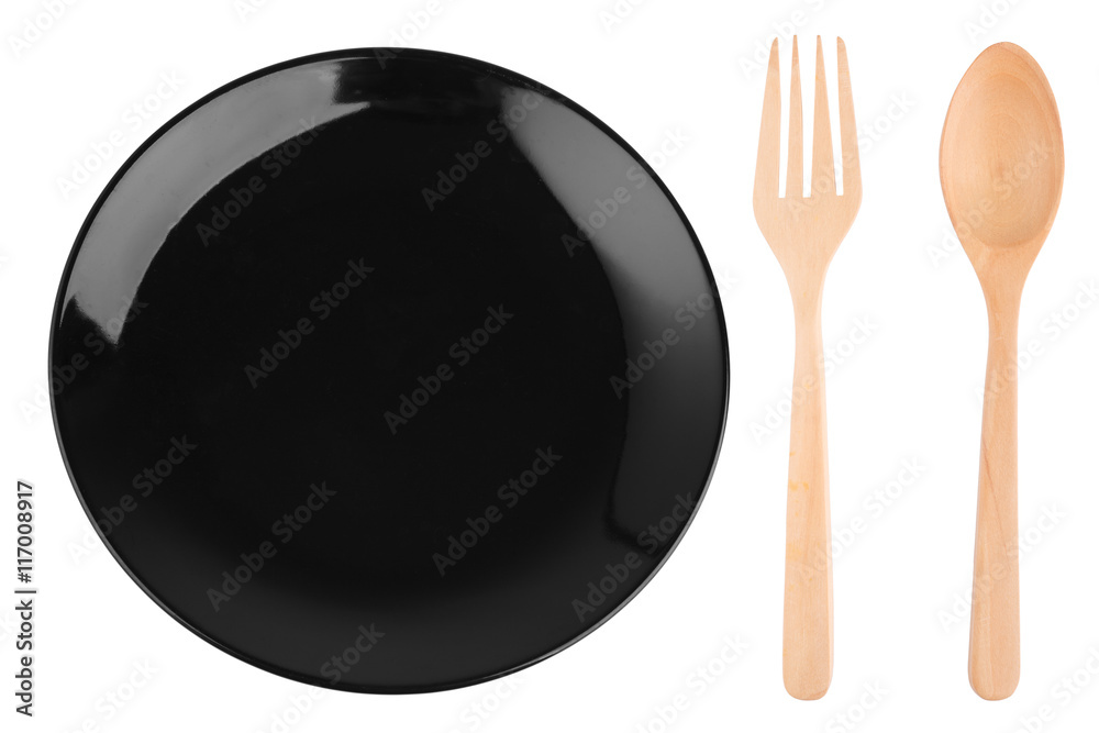 Empty black caramic celadon dish and spoon fork Empty black caramic celadon dish and spoon fork