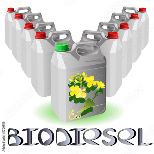 Cans with rapeseed biofuel. Colored hand drawn vector illustration of rape biodiesel cans on white background.