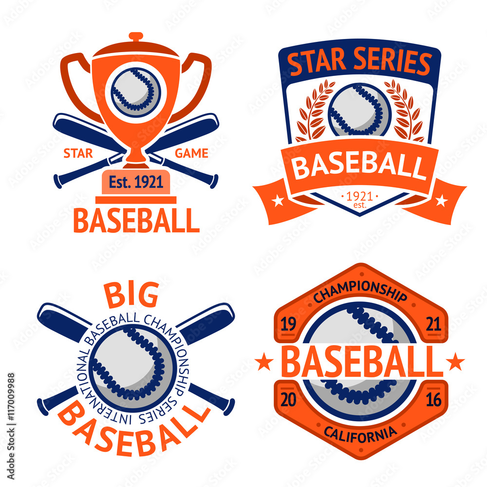 Set of old style Baseball Labels with ball and bats. Vector