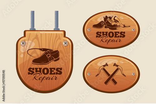 advertisement wood panels for shoes repair workshop