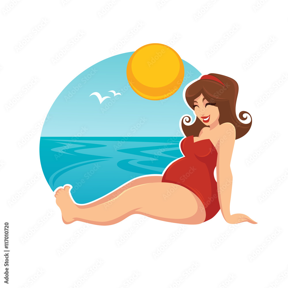 summer vacation for happy pregnant woman in cartoon style