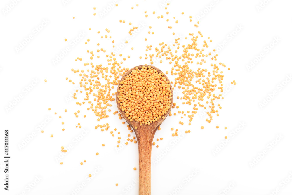 Fotografie Mustard seeds on a white background