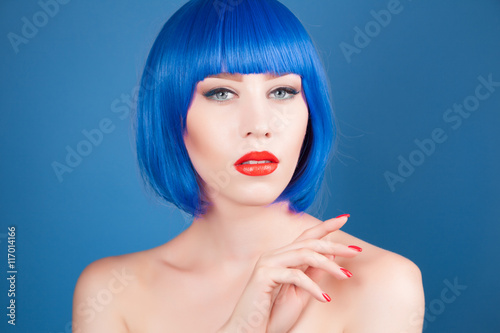 beautiful woman wearing colorful wig