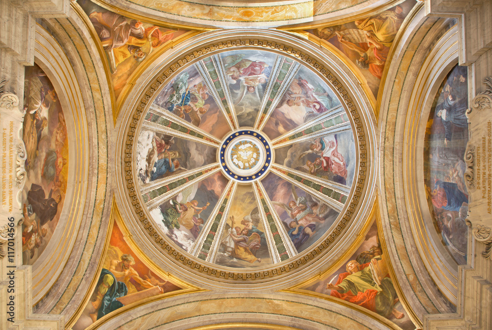 ROME, ITALY - MARCH 10, 2016: The side cupola with the Four Evangelist and angels with the tools of crucifixion in church Chiesa di Sant'Ignazio di Loyola by  Luigi Garzi (1638 - 1721).