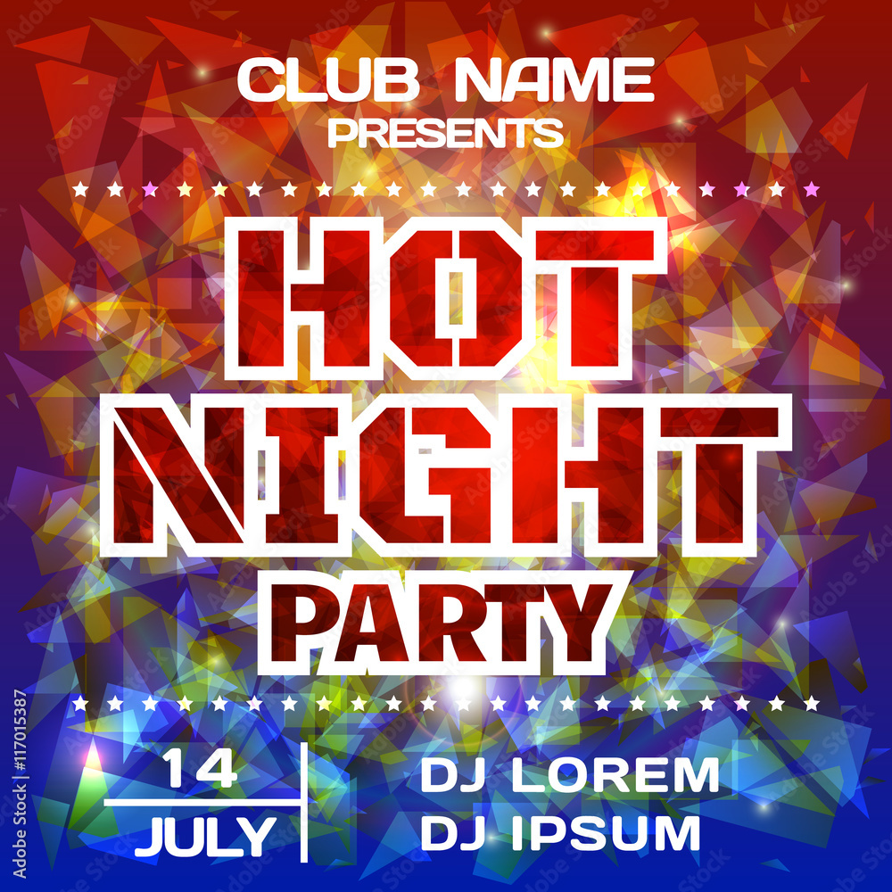 Hot Night Party bright poster background template. DJ poster mockup ...