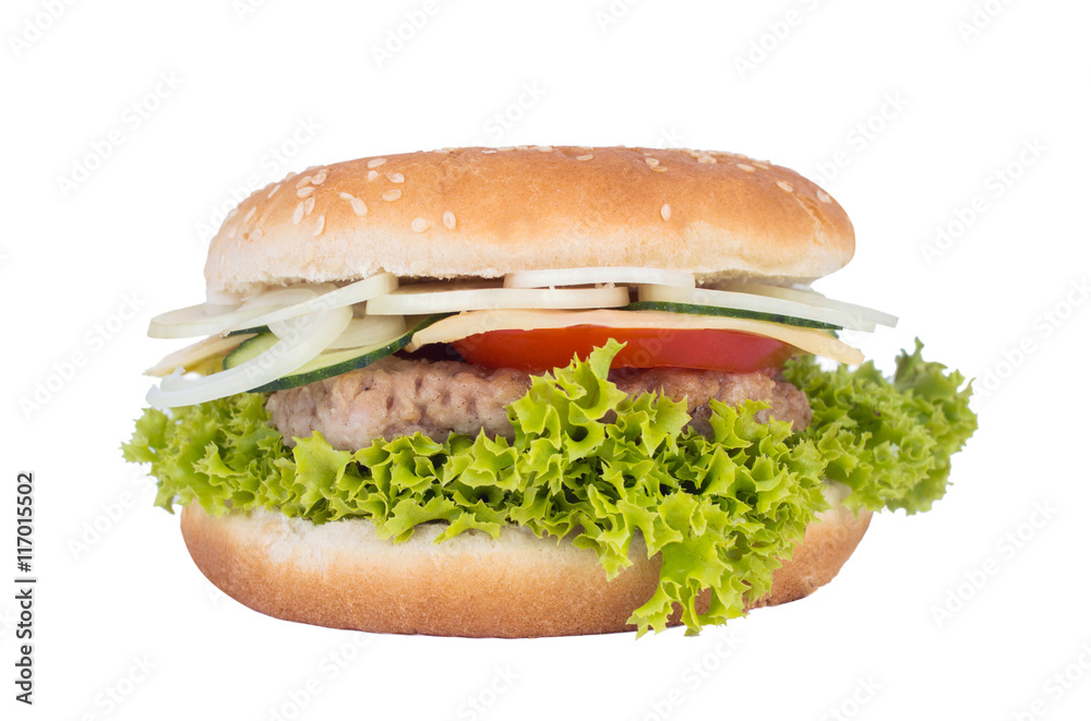 Burger with meat, greens, onions, tomatoes on a white background Burger with meat, greens, onions, tomatoes on a white background