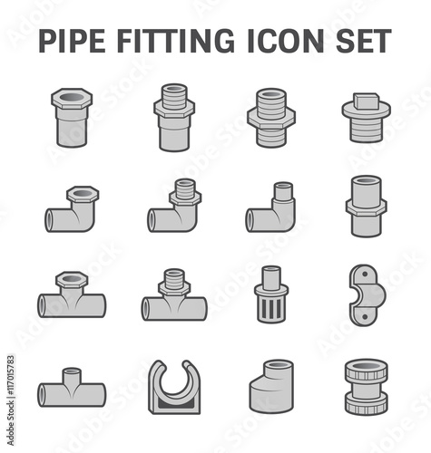 PVC or plastic pipe fitting vector icon. Include straight, nipple, reducer, elbow, tee, valve. For connection many size of tube pipe in pipeline for plumbing, drainage system, sewage and water supply.