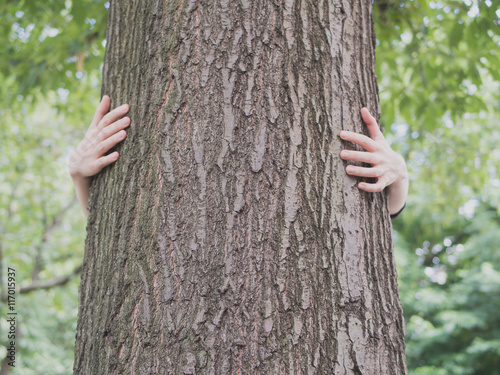 Hands embracing a tree trunk in a park