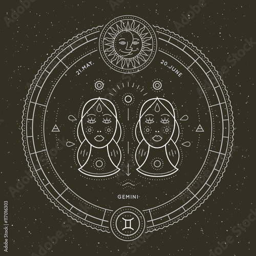 Vintage thin line Gemini zodiac sign label. Retro vector astrological symbol, mystic, sacred geometry element, emblem, logo. Stroke outline illustration.