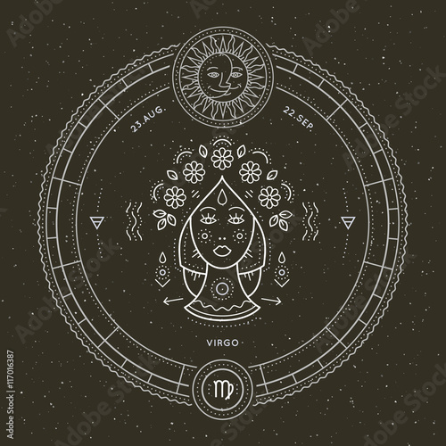 Vintage thin line Virgo zodiac sign label. Retro vector astrological symbol, mystic, sacred geometry element, emblem, logo. Stroke outline illustration.