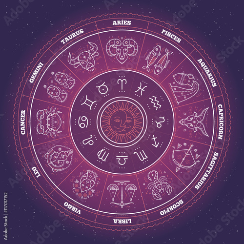 Zodiac circle with horoscope signs. Thin line vector design. Astrology symbols and mystic signs.