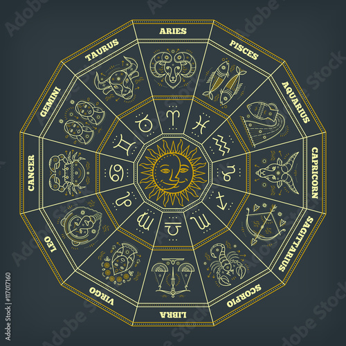 Zodiac circle with horoscope signs. Thin line vector design. Astrology symbols and mystic signs.
