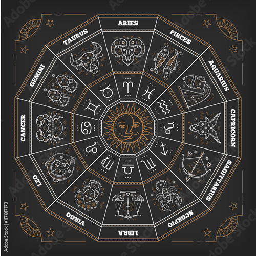 Zodiac circle with horoscope signs. Thin line vector design. Astrology symbols and mystic signs.