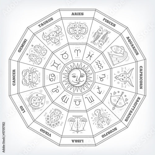 Zodiac circle with horoscope signs. Thin line vector design. Astrology symbols and mystic signs.