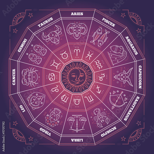 Zodiac circle with horoscope signs. Thin line vector design. Astrology symbols and mystic signs.