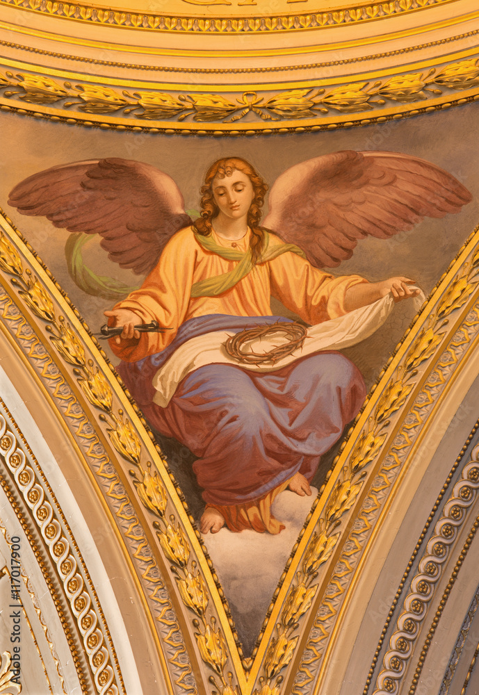 ROME, ITALY - MARCH 11, 2016: The symbolic fresco of angel with the cross in side cupola in church Basilica di Santi Giovanni e Paolo by by Ferancesco Coghetti (1801 - 1875).