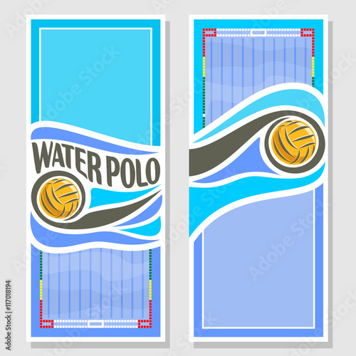 Vector abstract logo for Water Polo Ball, blue vertical banners for text info title with swimming pool liquid waves and waterpolo equipment yellow water polo ball. Invitation ticket to sports arena