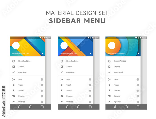 Vector set of material design sidebar menu templates. Mail agent ui elements. User interface design. Android gui. Marshmallow
