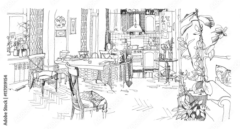 Sketch of a kitchen