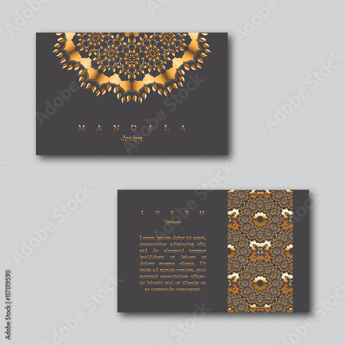 Set of ornamental business golden cards with mandala and seamless pattern, visiting template cards. Vintage decorative elements.Indian, asian, arabic, islamic, ottoman motif. Vector illustration.